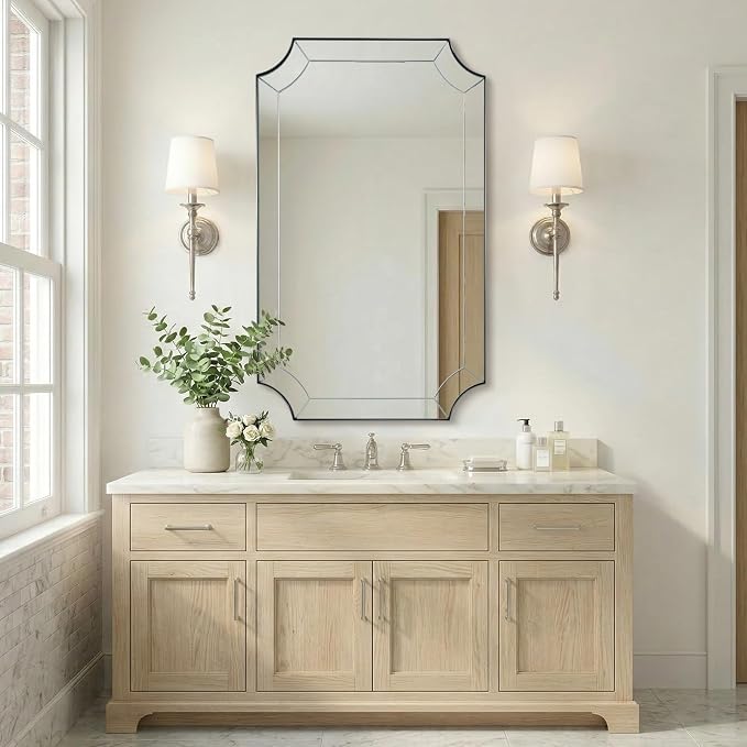 Brushed Nickel Mirror, 24x40 Inch Scalloped Bathroom Mirror, Modern Rectangle Mirror with Unique Notched Design, Ideal for Home Decor, Rust-Proof Stainless Steel 1" Frame