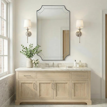 Brushed Nickel Mirror, 24x40 Inch Scalloped Bathroom Mirror, Modern Rectangle Mirror with Unique Notched Design, Ideal for Home Decor, Rust-Proof Stainless Steel 1" Frame