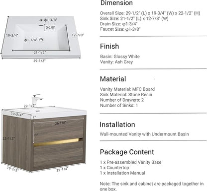 Abruzzo 30" Ash Grey Wall-Mounted Bathroom Vanity with Sink Stone Resin Countertop & Soft-Close Drawers, Waterproof Wood Cabinet for Small Bathrooms