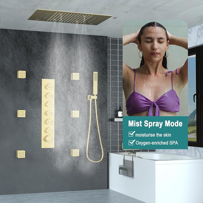 HOMEDEC LED Full Body Rain Shower System with 6pcs Body Jets Spray with（Up/Down ）Shower Spout, Large 3 In 1 Functions 14x20inch Showerhead, Rainfall Mist Shower Faucet Set Complete, Brushed Gold