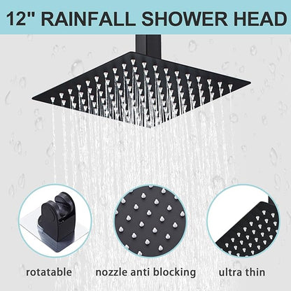 12 Inch Shower Faucet Set Ceiling Mount, High Pressure Rainfall Shower System, Square Rain Shower Spray Combo Luxury Shower Fixtures Matte Black