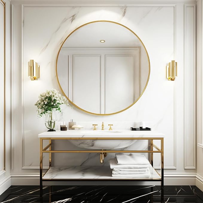 Large Round Mirror, Circle Mirror 30 inch, Brushed Gold Metal Frame | High Definition Mirror, Rust-resistant, Easy Installation, Circular Mirrors for Living room Cloakroom, Hallway, Bathroom