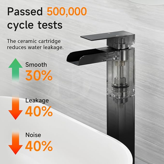 Black Tall Waterfall Bathroom Faucet, Single Hanlde Vessel Sink Faucet with Waterfall Spout, Bathroom Faucets for 1 Hole, RV Lavatory Vanity Mixer Bar Tap with Pop Up Drain and Hoses KMBF015B