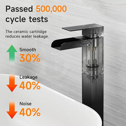 Black Tall Waterfall Bathroom Faucet, Single Hanlde Vessel Sink Faucet with Waterfall Spout, Bathroom Faucets for 1 Hole, RV Lavatory Vanity Mixer Bar Tap with Pop Up Drain and Hoses KMBF015B