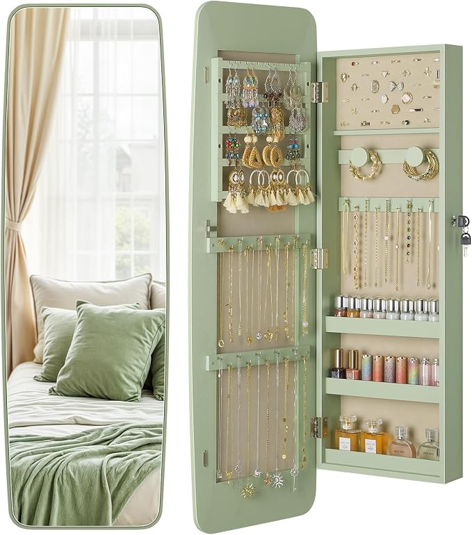 Nicetree Rounded Mirror Jewelry Cabinet, Lockable, Wall Mounted, Green | Hanging Jewelry Armoire Organizer, Rounded Armoire with Full Length Mirror,Wide Mirror with Storage,Gift Idea,Lock