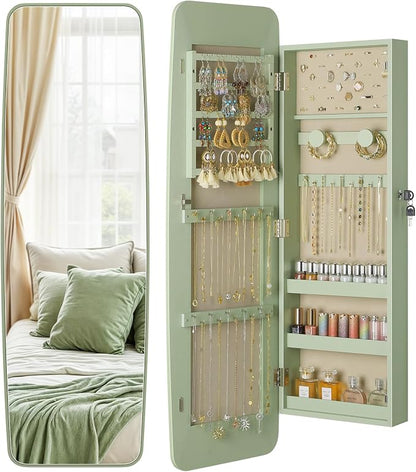 Nicetree Rounded Mirror Jewelry Cabinet, Lockable, Wall Mounted, Green | Hanging Jewelry Armoire Organizer, Rounded Armoire with Full Length Mirror,Wide Mirror with Storage,Gift Idea,Lock