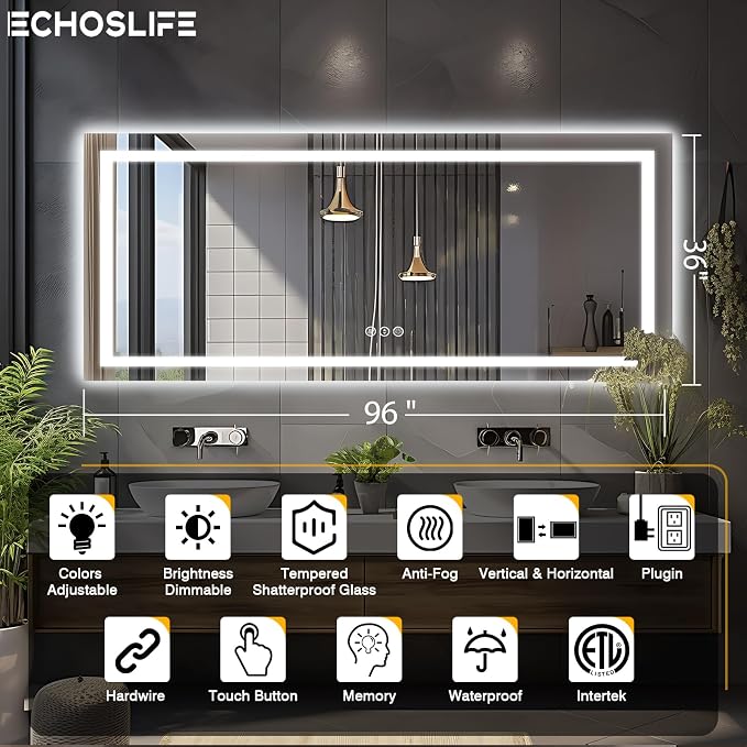 EchosLife 96"x36" Large LED Bathroom Mirror with Lights | Backlit + Front Lit, Anti-Fog, Stepless Dimmable, 3 Colors, Memory, Tempered Glass, UL Listed, Horizontal/Vertical