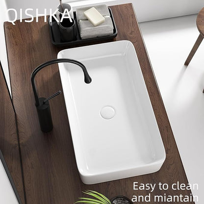 24 Inch Rectangular Bathroom Sink Above Counter, QISHKA White Ceramic Vanity Vessel Sink - 24" x 14" Countertop Rectangle Hand Wash Sink Porcelain Art Basi