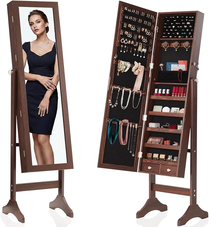 DUMOS Freestanding Jewelry Organizer Cabinet with Full Length Mirror | Standing Jewelry Armoire, Lockable, 47.3" Mirror with Storage, 2 Drawers, 3 Adjustable Angles (13°/23°/30°), Rustic Brown
