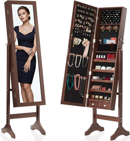 DUMOS Freestanding Jewelry Organizer Cabinet with Full Length Mirror | Standing Jewelry Armoire, Lockable, 47.3" Mirror with Storage, 2 Drawers, 3 Adjustable Angles (13°/23°/30°), Rustic Brown