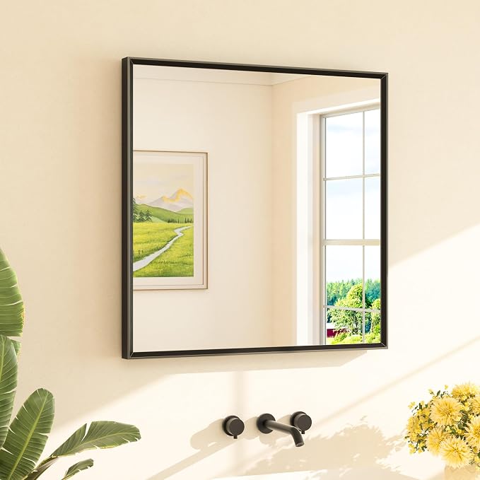 Black Framed Mirror for Bathroom Vanity 30" x 30" Matte Black Rectangle Beveled Frame Wall Mirror for Over Sink, Tempered Glass, Modern Farmhouse Bedroom, Entryway, Living Room
