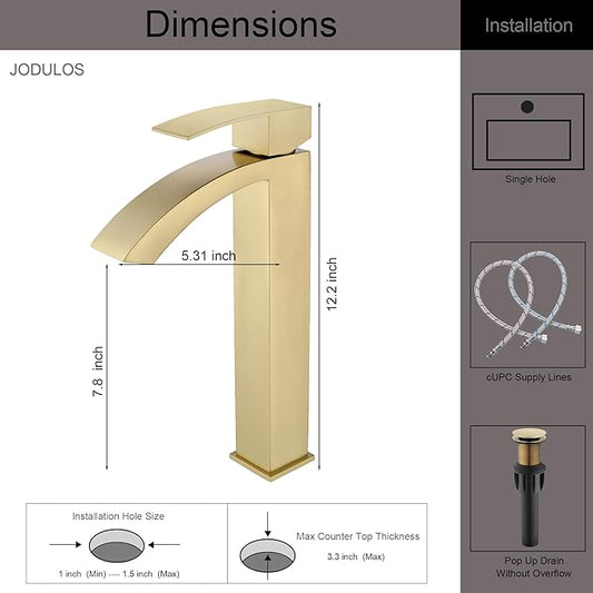 Brushed Gold Vessel Sink Faucet, Tall Bathroom Faucet, Single Hole Single Handle Waterfall Bathroom Sink Faucet with cUPC Supply Hose and Metal Pop Up Drain JU-BS101-BG