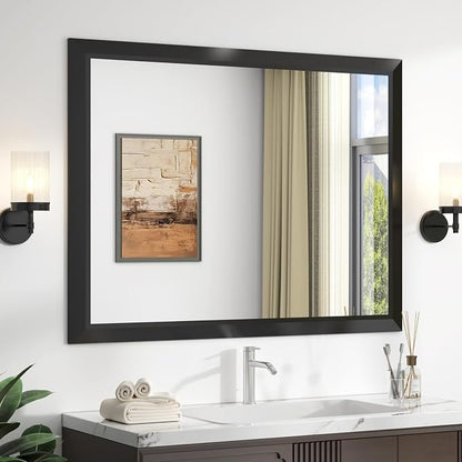 SMIROR 44x36 Matte Black Bathroom Vanity Mirror for Over Sink | Metal Wide Frame, Rectangle, Right- Angle Corner, Anti-Rust, Horizontally or Vertically Wall- Mounted for Home Remodel