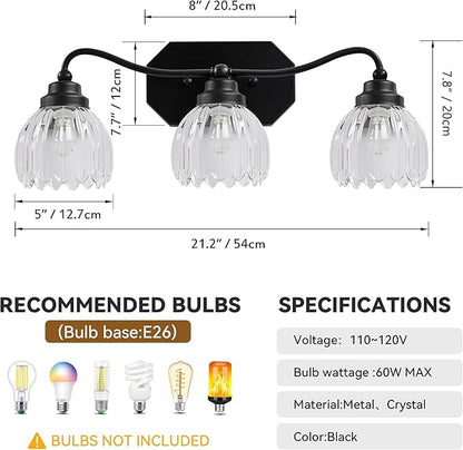 Vintage Bathroom Light Fixtures, 3 Light Bathroom Vanity Light, Black Matte Antique Brass Finish with Crystal Glass Shade, Mid Century Wall Sconces for Bedroom, Living Room, Hallway