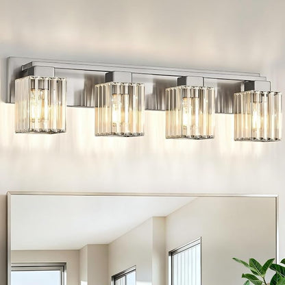 Brushed Nickel Bathroom Light Fixtures, 4-Light Vanity Light Over Mirror | Wall Sconces with Square Crystal Shades, E26 Socket, Modern Vanity Lights for Bathroom (Bulbs Not Included)