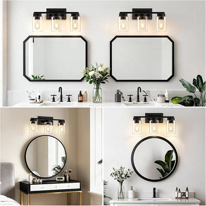 Bathroom Lights Over Mirror, 3 Light Bathroom Light Fixtures with Clear Glass Shade Modern Matte Black Vanity Lights Lighting for Bathroom, Mirror, Living Room, Bedroom, Hallway