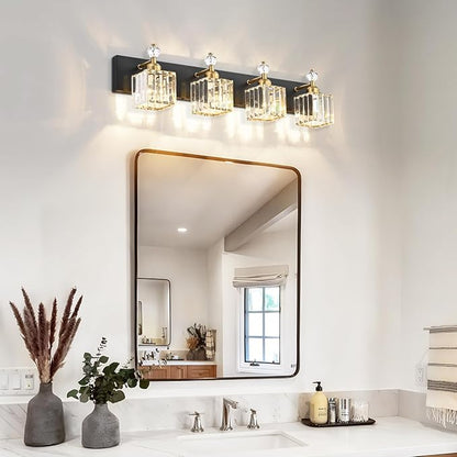 PRESDE 4-Light Crystal Vanity Light for Bathroom Modern Black and Gold Bathroom Lights Fixtures Over Mirror Modern Bath Wall Lighting