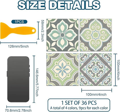 36 Pcs 4 Style Gray Pattern Peel and Stick Tile Sticker, 4x4inch | Cyan Pattern Wall Stickers Waterproof Self Adhesive Stick on Tile Decals for Kitchen Bathroom Art Decor