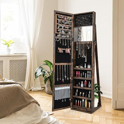 COSTWAY Standing Jewelry Cabinet, Large Capacity Jewelry Organizer w/Full-Length Mirror & Rear Storage Shelves, Lockable Mirror Jewelry Armoire with Keys for Girls Women (Rustic Brown)