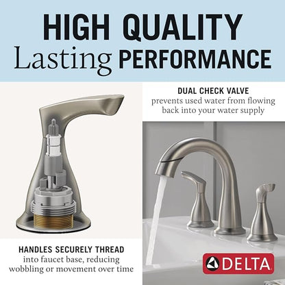 Delta Broadmoor Brushed Nickel Bathroom Faucet with Sprayer, 8 Inch 3 Hole Widespread Bathroom Sink Faucet with Pull Out Sprayer, Push-Pop Drain, SpotShield Stainless 35765LF-SPPD