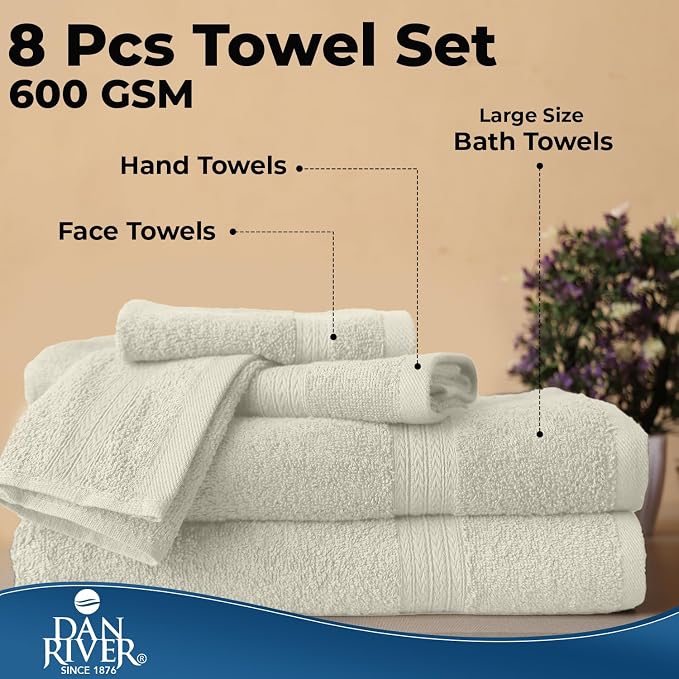 DAN RIVER 8 Piece Luxury Bath Towels for Bathroom, Towel Set, Ivory | 2 Bath towels, 2 Hand towels, and 4 Wash Cloths, 600 GSM 100% Ring Spun Cotton, Highly Absorbent, Gym, Hotel, guest, and Spa