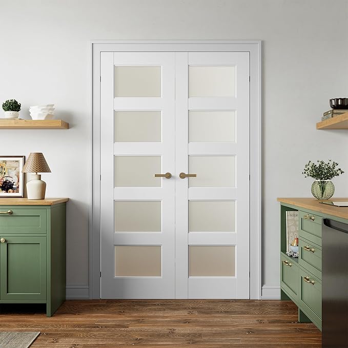 SMARTSTANDARD 48" x 80" Frosted Glass Pantry Door, Solid Core Slab Door | Pre-Assembled 5-Panel without Hardware, French Interior Door for Pantry Pocket, White Primed