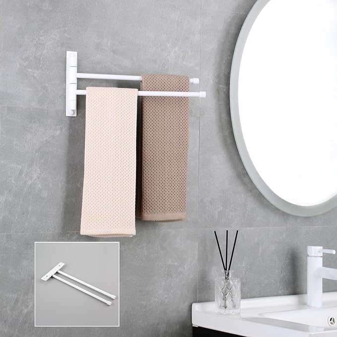 GERZWY Bathroom 2-Arm Swing Arm Towel Bars Wall Mount Stainless Steel Bath Towel Rack Hanger, White