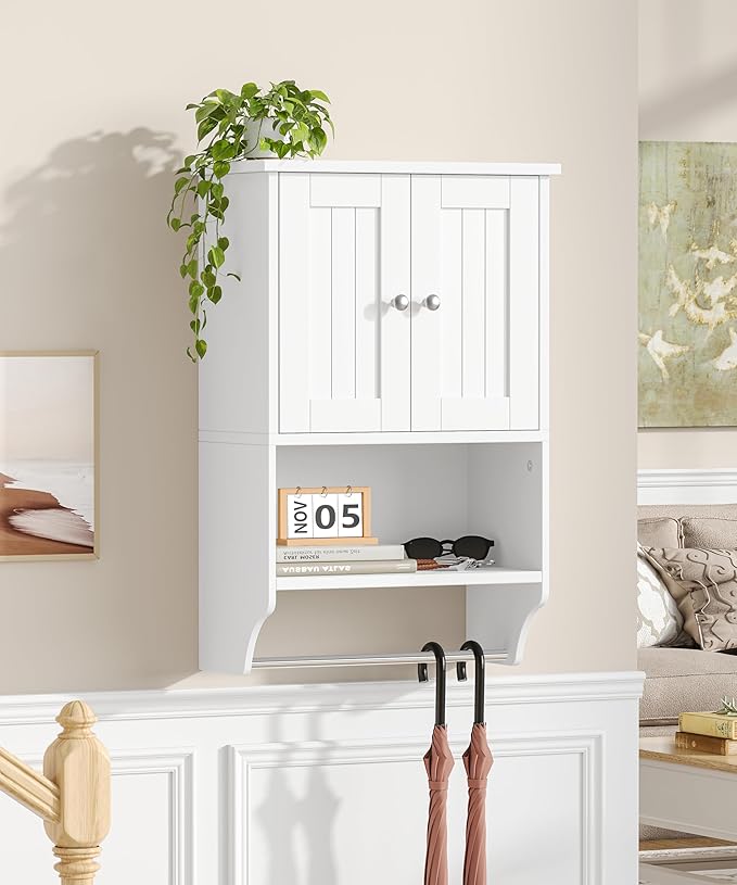 Small Bathroom Wall Cabinet with Towel Bar and Adjustable Shelf, Modern Medicine Cabinet with 2 Lined Doors, Wooden Over the Toilet Storage Cabinet for Kitchen, Living Room, Entryway, White