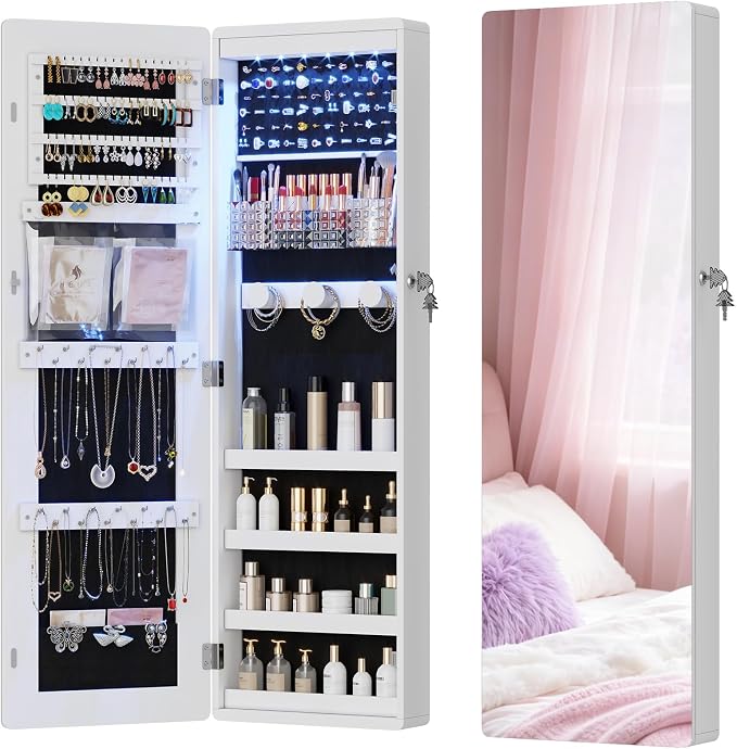 HNEBC Jewelry Cabinet with Lights,Wall Mounted Jewelry Organizer with Full-Length Mirror,Over The Door Hanging Jewelry Armoire Storage Cabinet,Lockable,Gift Idea,White