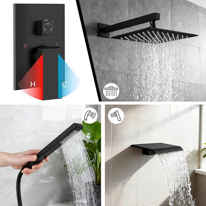 Midanya Shower System with Tub Spout,10 Inch Shower Head,Matte Black | with Valve & Trim Kit,Square Rain Head,Handheld Sprayer,Waterfall Spout,All Metal Wall Mount Bathroom Shower Tub Faucet Set