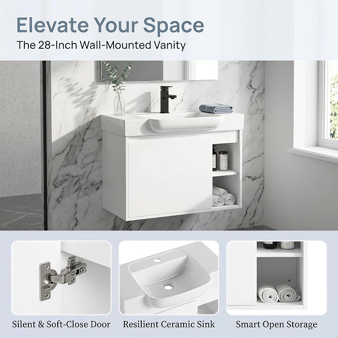 28" Bathroom Vanity with Sink, Wall-Mounted Cabinet, Glossy White | Ceramic Sink, Soft-Close Door & 2 Open Storage Shelves, Modern Farmhouse Sink Cabinet, Easy to Clean for Small Bathroom