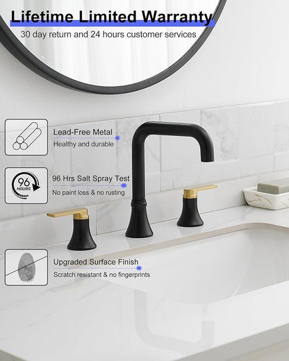 8 Inch Black and Gold Bathroom Faucet Widespread, 360 Degree Swivel Faucet for Bathroom Sink 3 Hole with 2 Handles, Pop-Up Drain & Water Hoses Saving Water