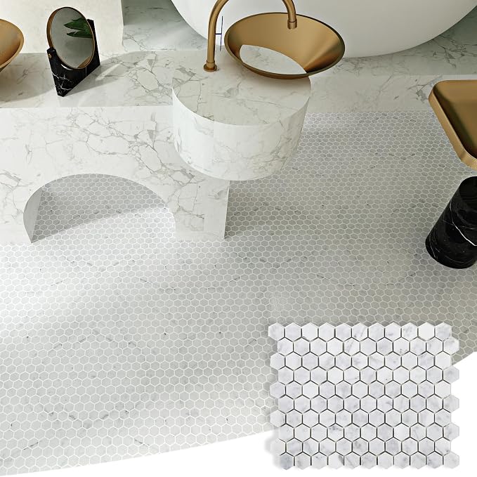 Carrara White Marble Mosaic Tile,1 Inch Hexagon, Honed, 5 Sheets | Natural Bianco Carrera, Marble Stone Backsplash Tiles for Kitchen, Bathroom, Shower Wall and Floor