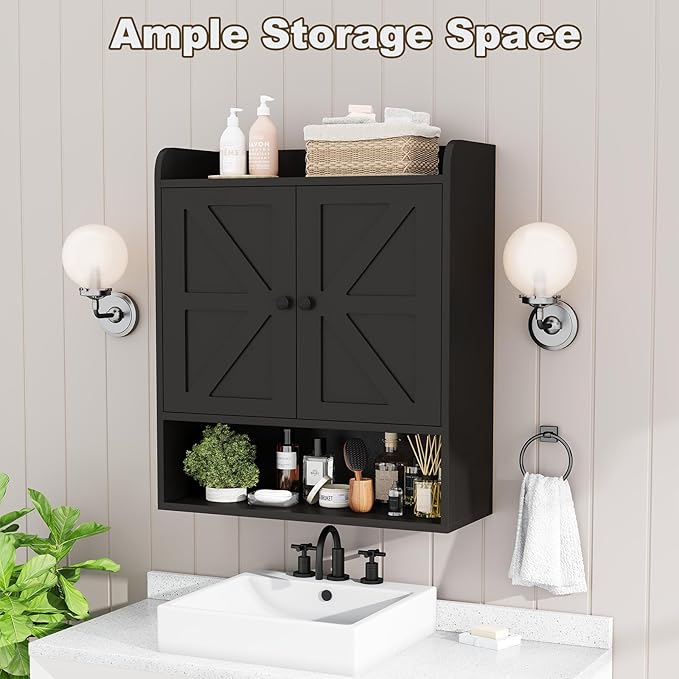EasyCom 22" W x 26" H Bathroom Wall Cabinet, Farmhouse Medicine Cabinet with Adjustable Shelves and Double Barn Doors, Over The Toilet Storage Cabinet for Bathroom, Kitchen, Living Room, Black