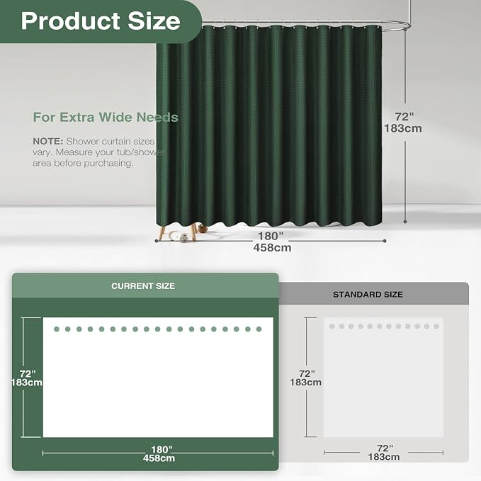 Extra Wide Waffle Shower Curtain 256 GSM Fabric 180x72 Dark Green | 180 Inch Wide, Thick Cloth, Weighted Hem, Water Repellent, Hotel Luxury Polyester Shower Curtain Set for Bathroom 32 Hooks