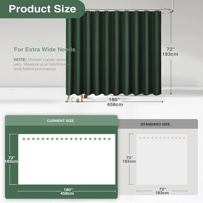 Extra Wide Waffle Shower Curtain 256 GSM Fabric 180x72 Dark Green | 180 Inch Wide, Thick Cloth, Weighted Hem, Water Repellent, Hotel Luxury Polyester Shower Curtain Set for Bathroom 32 Hooks