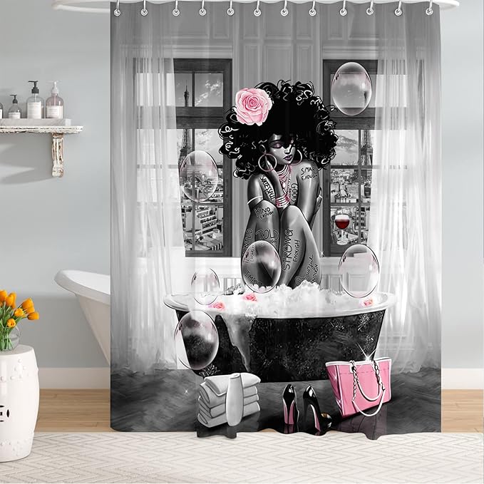 African American Woman Shower Curtain Waterproof Polyester Fabric Shower Curtain for Bathroom Grey Bathroom Curtain Machine Washable Quick Dry 72 x 72 Inches with 12 Hooks