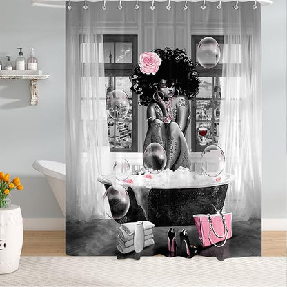 African American Woman Shower Curtain Waterproof Polyester Fabric Shower Curtain for Bathroom Grey Bathroom Curtain Machine Washable Quick Dry 72 x 72 Inches with 12 Hooks