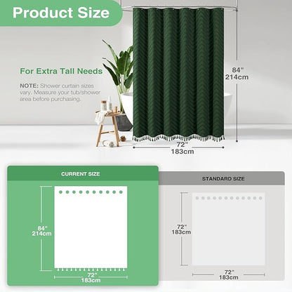 Dynamene Extra Long Shower Curtains, 84 Inch Long Boho Tufted Chevron Striped Fabric Bathroom Shower Curtains, Tall Minimalist Chic Waterproof Cloth Shower Curtain Set with Hook, Dark Green, 72x84
