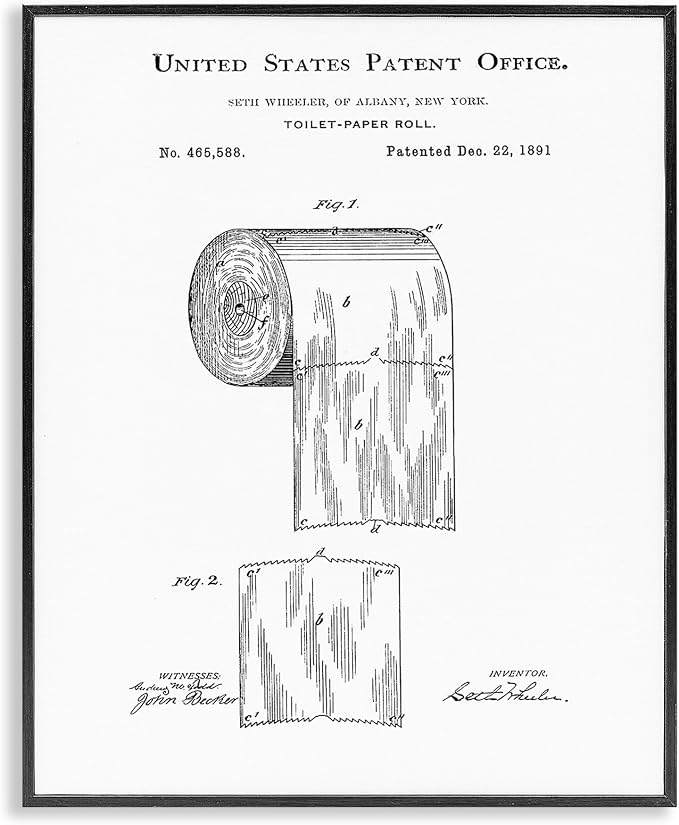 Stupell Industries 'Toilet Paper Roll Vintage Patent Minimal Black White', Framed Giclee Art, Black, 24 x 30 Inches, Easy to Hang and Sturdy, Made in USA, by Studio W