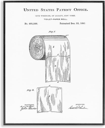 Stupell Industries 'Toilet Paper Roll Vintage Patent Minimal Black White', Framed Giclee Art, Black, 24 x 30 Inches, Easy to Hang and Sturdy, Made in USA, by Studio W