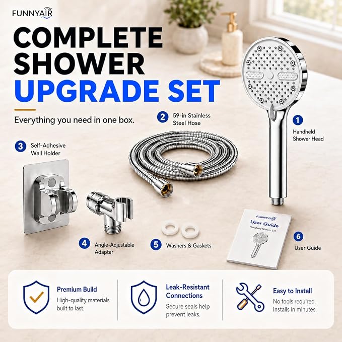 High Pressure Shower Head, Stick-on Low Mount Wall Bracket, Chrome | 5 Spray Modes, Water-Saving, 360° Adjustable Bracket, For Low Water Pressure Home, RV, Bathroom, Fix Firmly Kid-Friendly