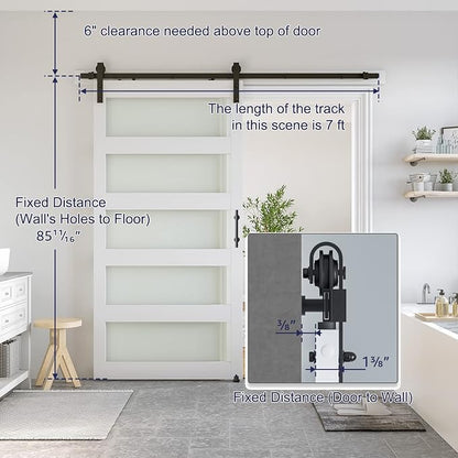 SMARTSTANDARD 40 x 84 in Glass Barn Door with 7FT Sliding Hardware Kit | Pre-Drilled Ready to Assemble, Waterproof PVC Coating, White, 5-Panel Glass