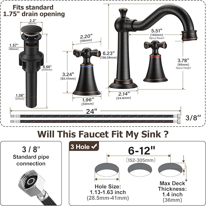Hurran 8 Inch Widespread Bathroom Sink Faucet ORB, 3 Hole 2 Cross Handles Classic Vintage Antique Faucet with Metal Pop Up Drain and Supply Hoses for Vanity, RV, Farmhouse