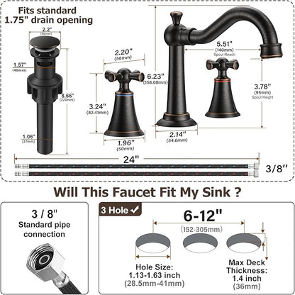 Hurran 8 Inch Widespread Bathroom Sink Faucet ORB, 3 Hole 2 Cross Handles Classic Vintage Antique Faucet with Metal Pop Up Drain and Supply Hoses for Vanity, RV, Farmhouse
