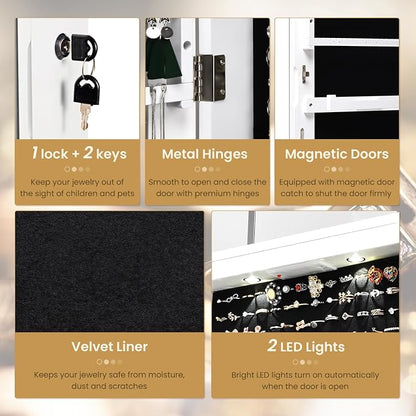 NAFORT 2 LEDs Mirror Jewelry Armoire, 47.5" H Door or Wall Mounted Jewelry Cabinet with Frameless Mirror, Lockable Jewelry Storage Box, Hanging Jewelry Organizer with 2 Drawers, White