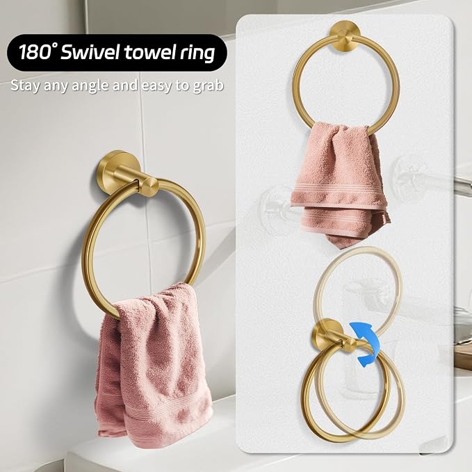 5 Piece Brushed Gold Bathroom Hardware Set with Towel Racks for Bathroom，23.6 Inch Stainless Steel Bath Towel Bar Set Wall Mounted Accessories Kit (Brushed Gold, 5-Pieces Set)