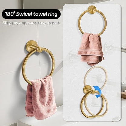 5 Piece Brushed Gold Bathroom Hardware Set with Towel Racks for Bathroom，23.6 Inch Stainless Steel Bath Towel Bar Set Wall Mounted Accessories Kit (Brushed Gold, 5-Pieces Set)