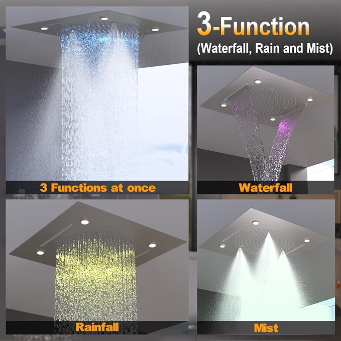 Enga Shower System With Spa Body Jets, 20 Inch LED Waterfall Atomizing Horizontal Square Ceiling Shower Head with Remote Control, Thermostatic Shower Faucet Set Flow Can Be Controlled Brushed Nickel