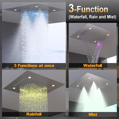 Enga Shower System With Spa Body Jets, 20 Inch LED Waterfall Atomizing Horizontal Square Ceiling Shower Head with Remote Control, Thermostatic Shower Faucet Set Flow Can Be Controlled Brushed Nickel